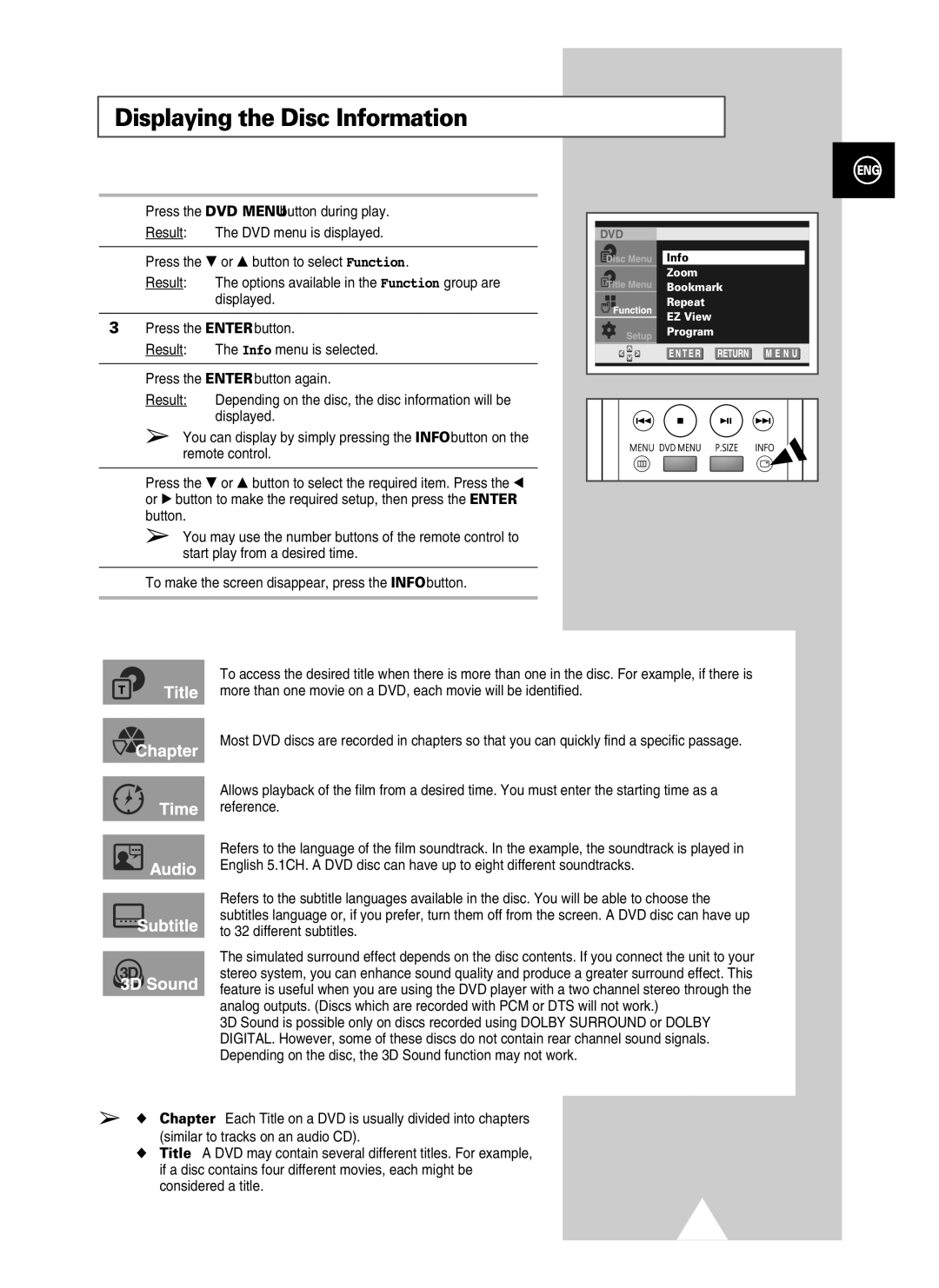 Samsung UW28J10VD5XXEU manual Displaying the Disc Information, To make the screen disappear, press the Info button 