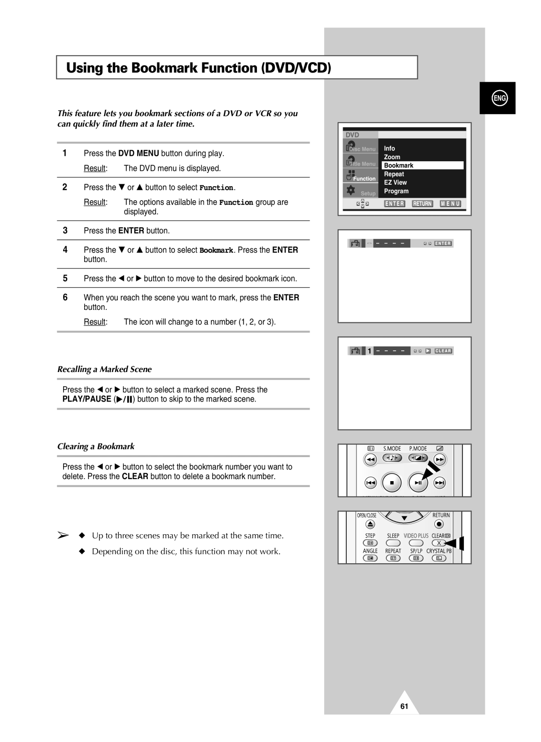 Samsung UW21J10VD5XXEG, UW28J10VD5XXEG Using the Bookmark Function DVD/VCD, Recalling a Marked Scene, Clearing a Bookmark 