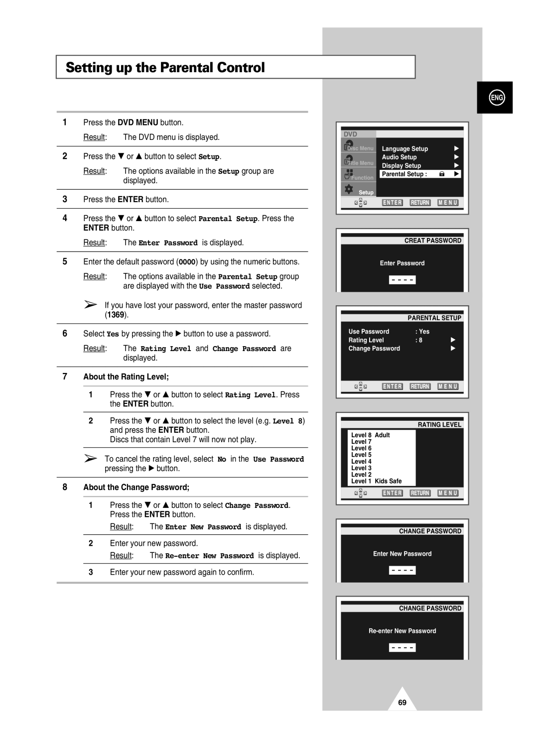 Samsung UW28J10VD5XXEC, UW28J10VD5XXEG Setting up the Parental Control, About the Rating Level, About the Change Password 