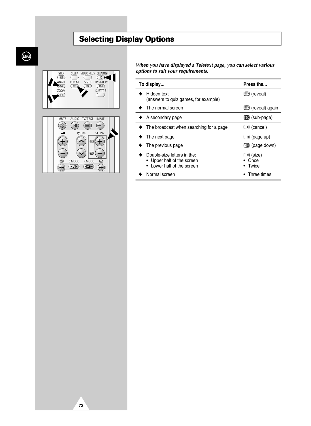 Samsung UW28J10VD5XXEG, UW21J10VD5XXEG, UW21J10VD5XXEC, UW28J10VD5XXEC manual Selecting Display Options, To display Press 