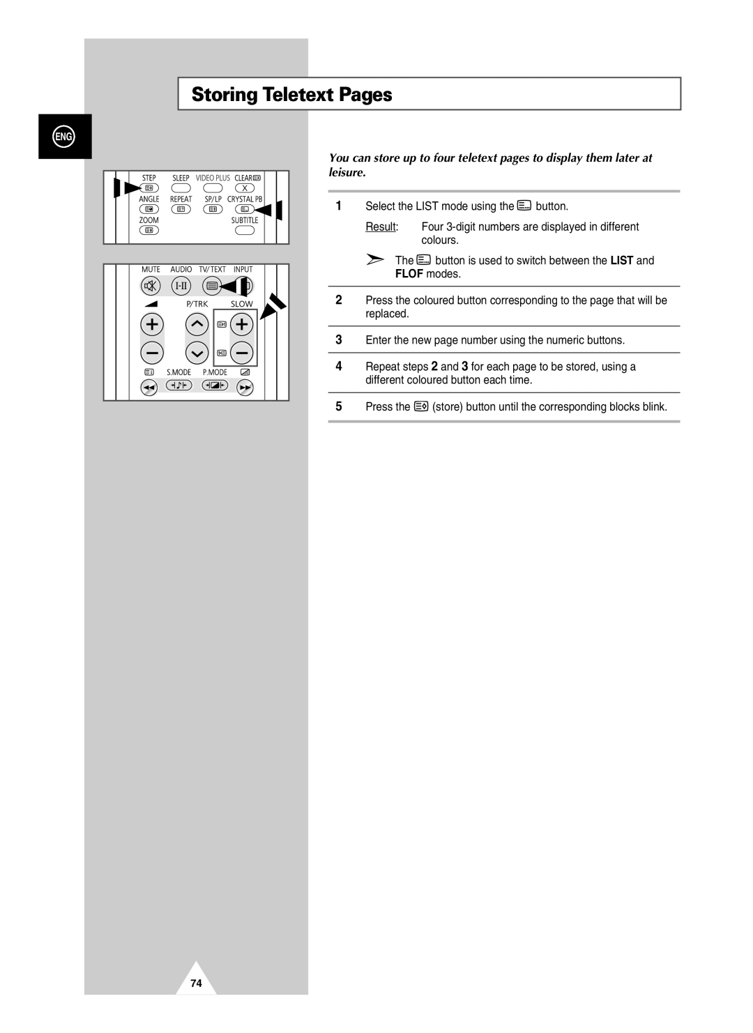 Samsung UW21J10VD5XXEC, UW28J10VD5XXEG, UW21J10VD5XXEG, UW28J10VD5XXEC, UW21J10VD5XXEF, UW28J10VD5XXEU Storing Teletext Pages 