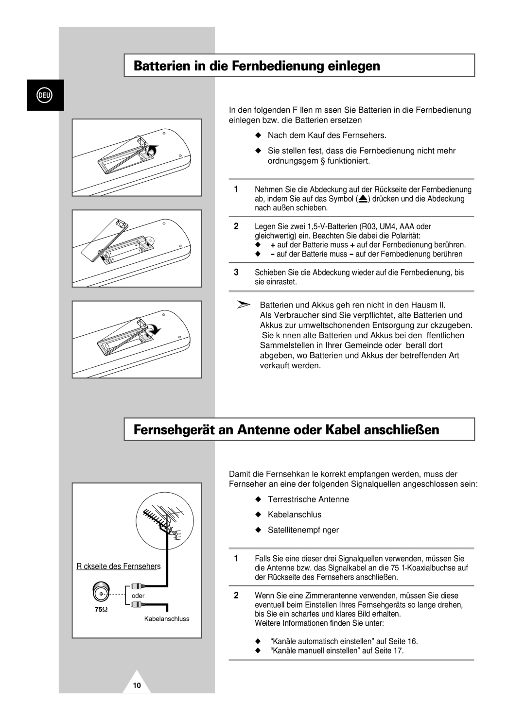 Samsung UW21J10VD5XXEC manual Batterien in die Fernbedienung einlegen, Fernsehgerät an Antenne oder Kabel anschließen 