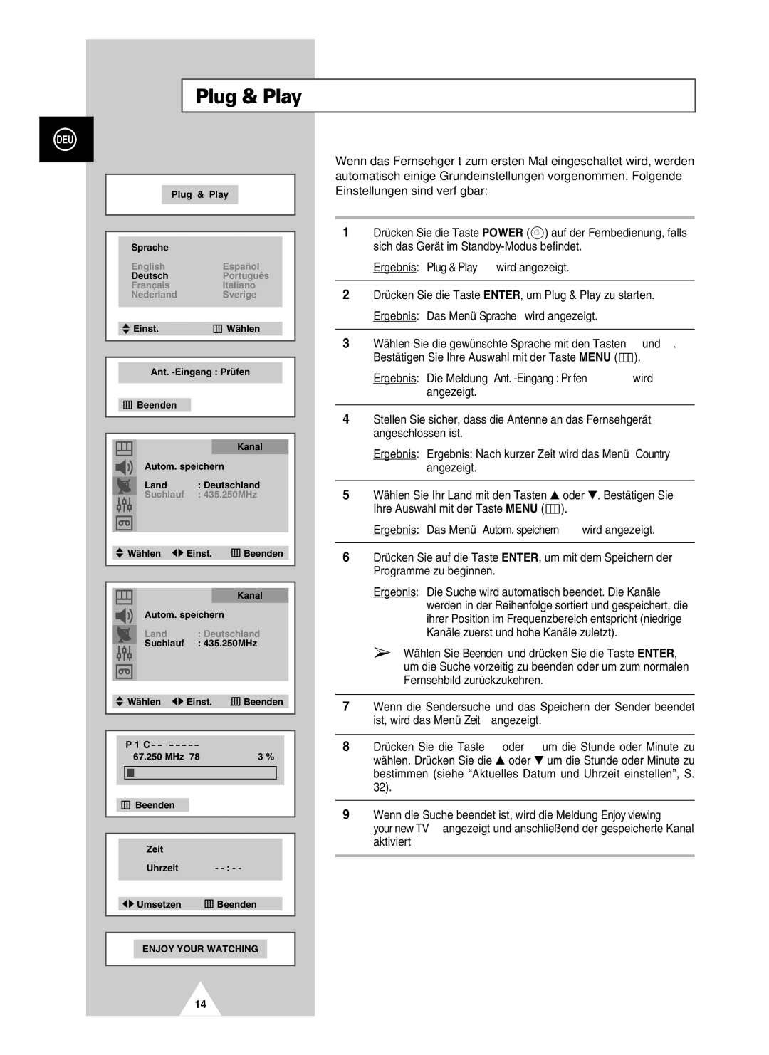 Samsung UW21J10VD5XXEC, UW28J10VD5XXEG, UW21J10VD5XXEG, UW28J10VD5XXEC manual Ergebnis Plug & Play wird angezeigt 