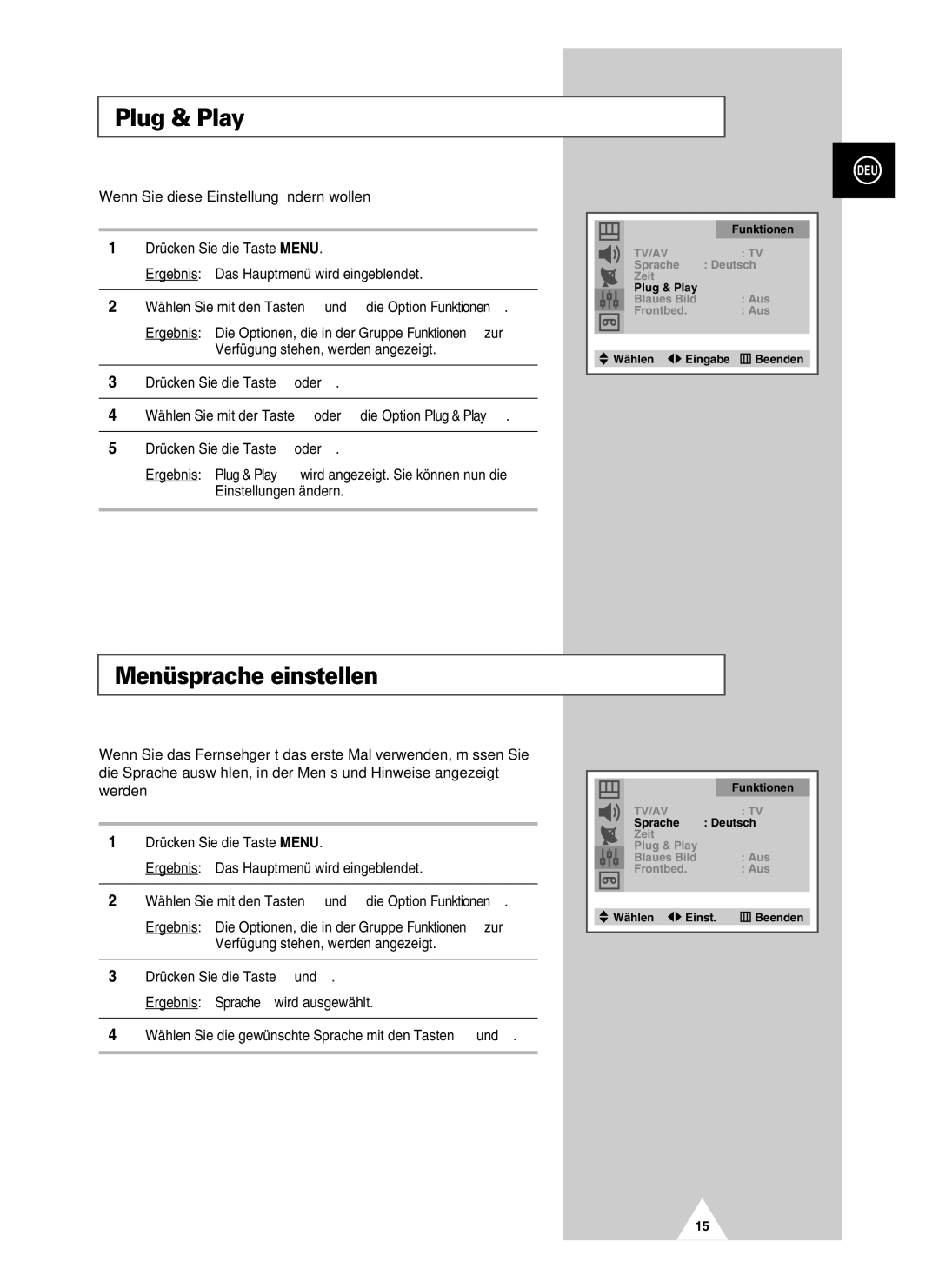 Samsung UW28J10VD5XXEC, UW28J10VD5XXEG, UW21J10VD5XXEG Menüsprache einstellen, Wenn Sie diese Einstellung ändern wollen… 