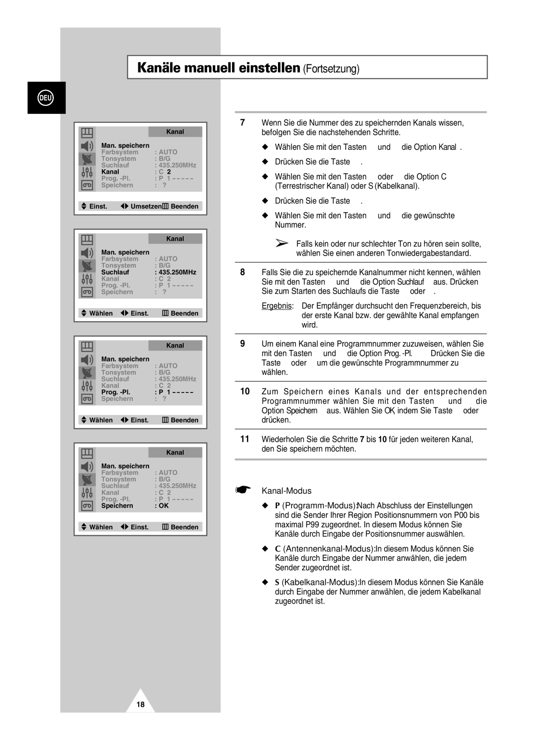 Samsung UW21J10VD5XXEC, UW28J10VD5XXEG, UW21J10VD5XXEG, UW28J10VD5XXEC Kanäle manuell einstellen Fortsetzung, Kanal-Modus 