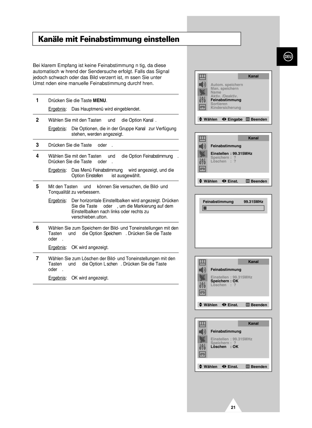 Samsung UW21J10VD5XXEG, UW28J10VD5XXEG, UW21J10VD5XXEC, UW28J10VD5XXEC manual Kanäle mit Feinabstimmung einstellen 