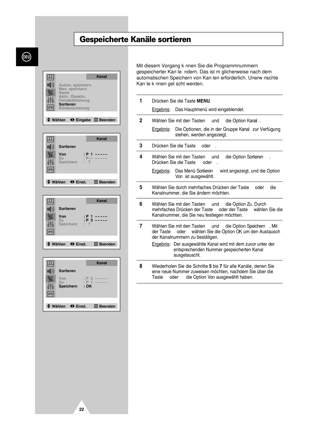 Samsung UW21J10VD5XXEC, UW28J10VD5XXEG, UW21J10VD5XXEG, UW28J10VD5XXEC manual Gespeicherte Kanäle sortieren 