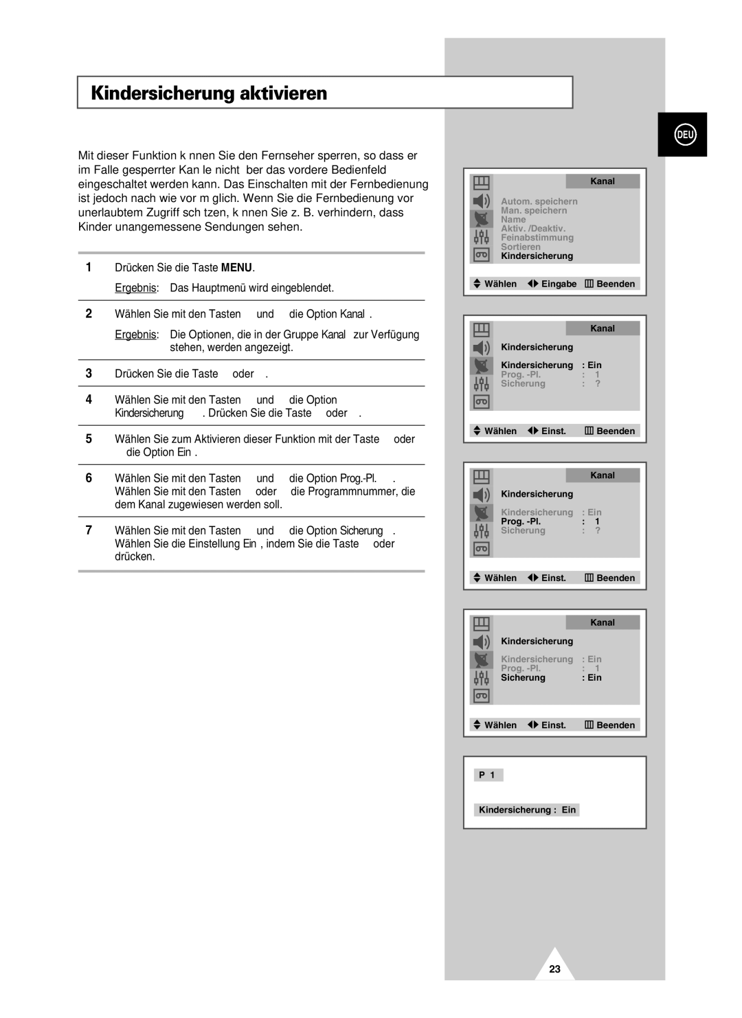 Samsung UW28J10VD5XXEC, UW28J10VD5XXEG, UW21J10VD5XXEG, UW21J10VD5XXEC manual Kindersicherung aktivieren 