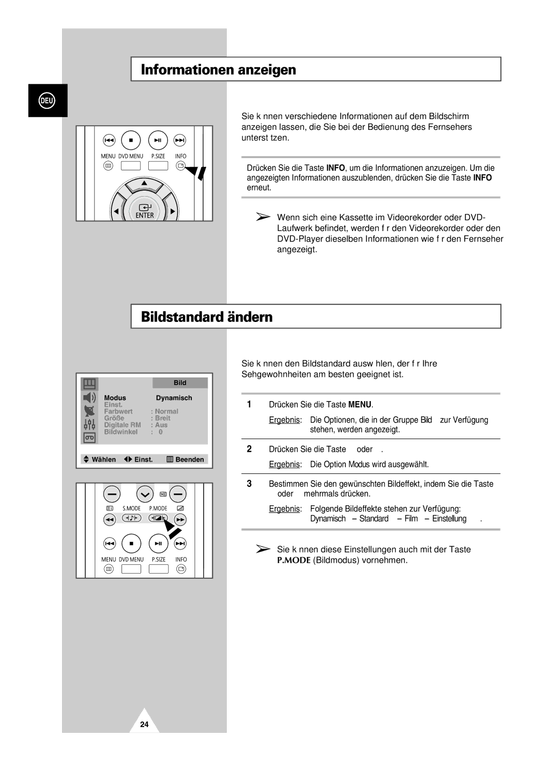 Samsung UW28J10VD5XXEG, UW21J10VD5XXEG, UW21J10VD5XXEC, UW28J10VD5XXEC manual Informationen anzeigen, Bildstandard ändern 