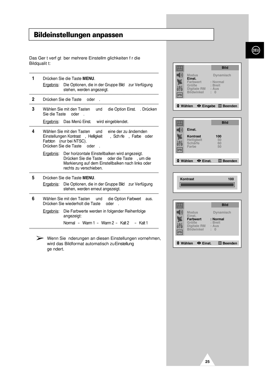 Samsung UW21J10VD5XXEG, UW28J10VD5XXEG, UW21J10VD5XXEC manual Bildeinstellungen anpassen, Normal Warm 1 Warm 2 Kalt 2 Kalt 