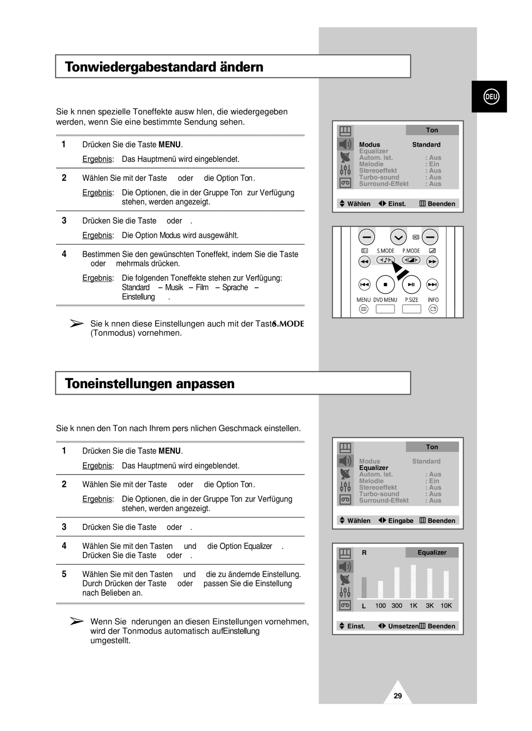 Samsung UW21J10VD5XXEG, UW28J10VD5XXEG, UW21J10VD5XXEC manual Tonwiedergabestandard ändern, Toneinstellungen anpassen 