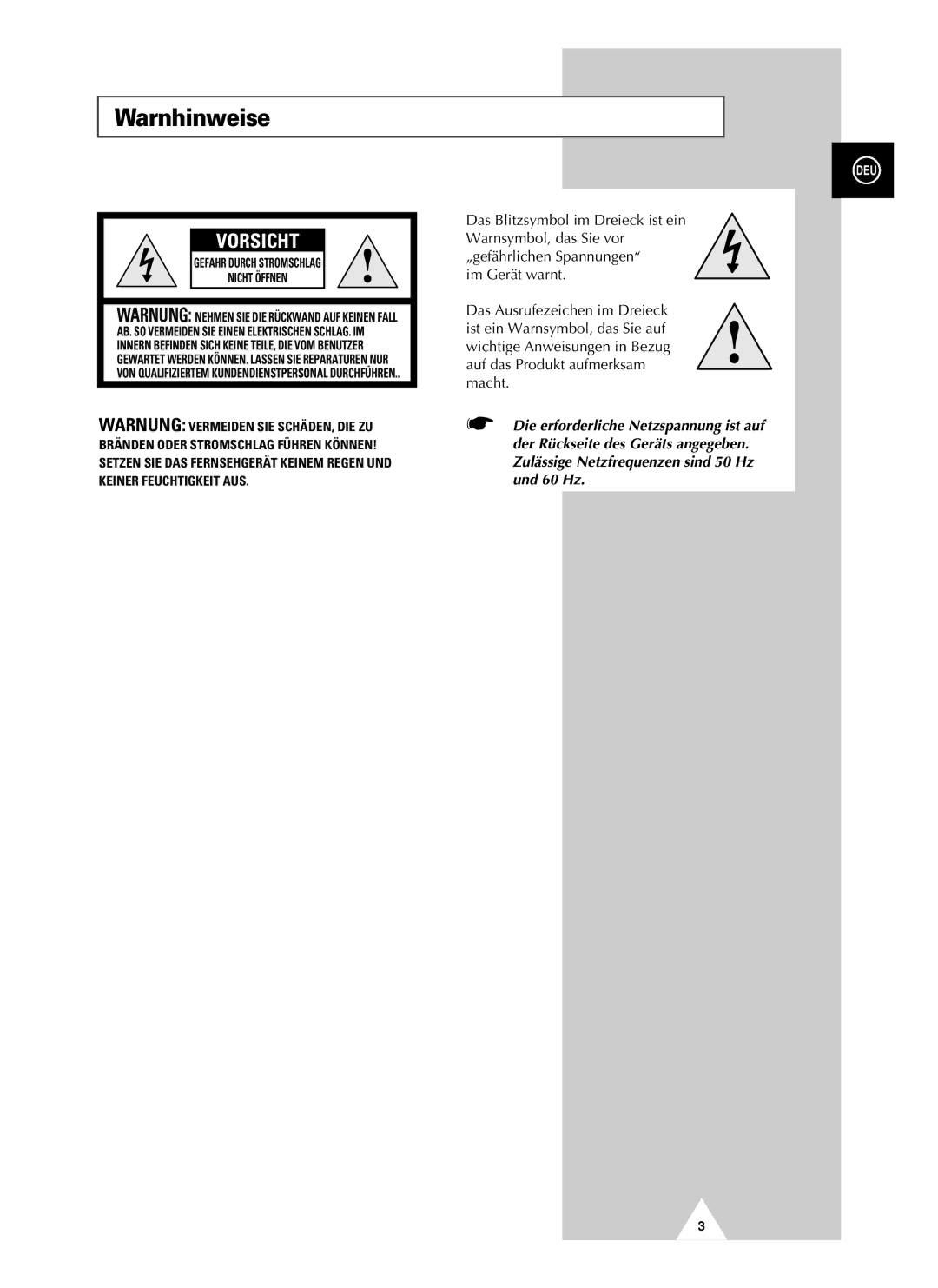 Samsung UW28J10VD5XXEC, UW28J10VD5XXEG, UW21J10VD5XXEG, UW21J10VD5XXEC manual Warnhinweise, Vorsicht 