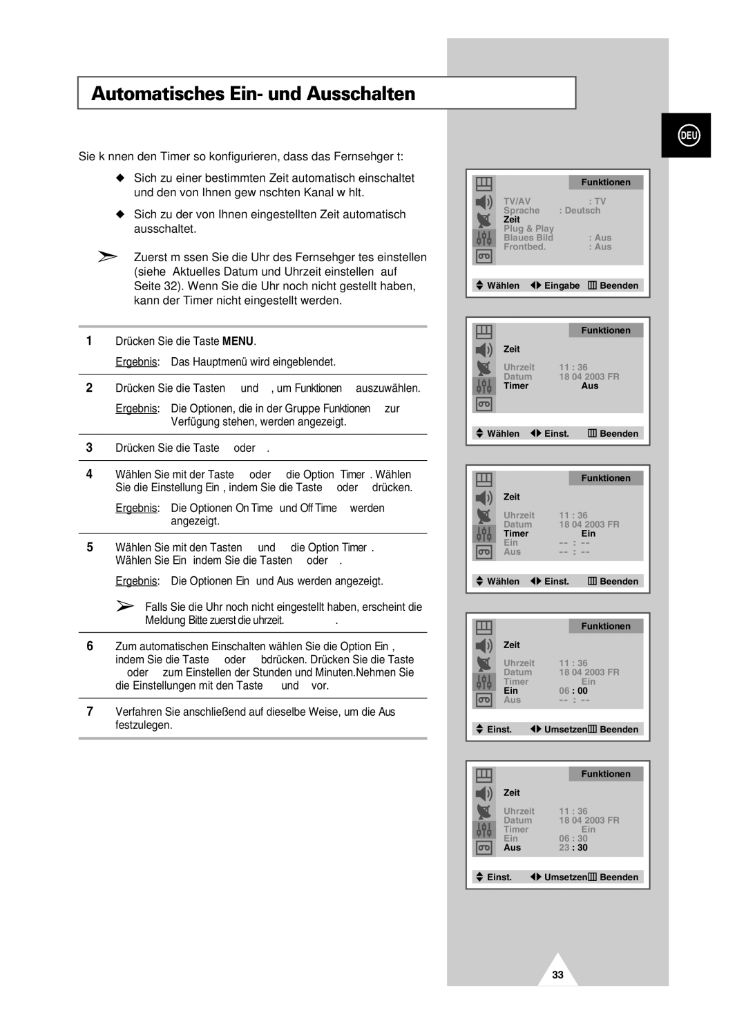 Samsung UW21J10VD5XXEG Automatisches Ein- und Ausschalten, Ergebnis Die Optionen On Time und Off Time werden angezeigt 