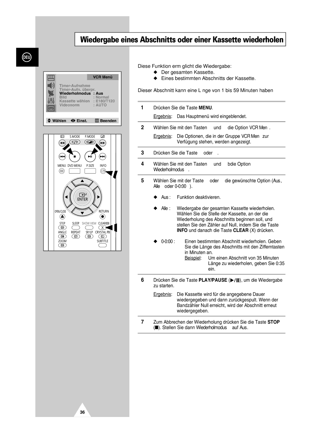 Samsung UW28J10VD5XXEG manual Wiederholmodus, Wählen Sie mit der Taste œ oder √ die gewünschte Option Aus, Alle oder 