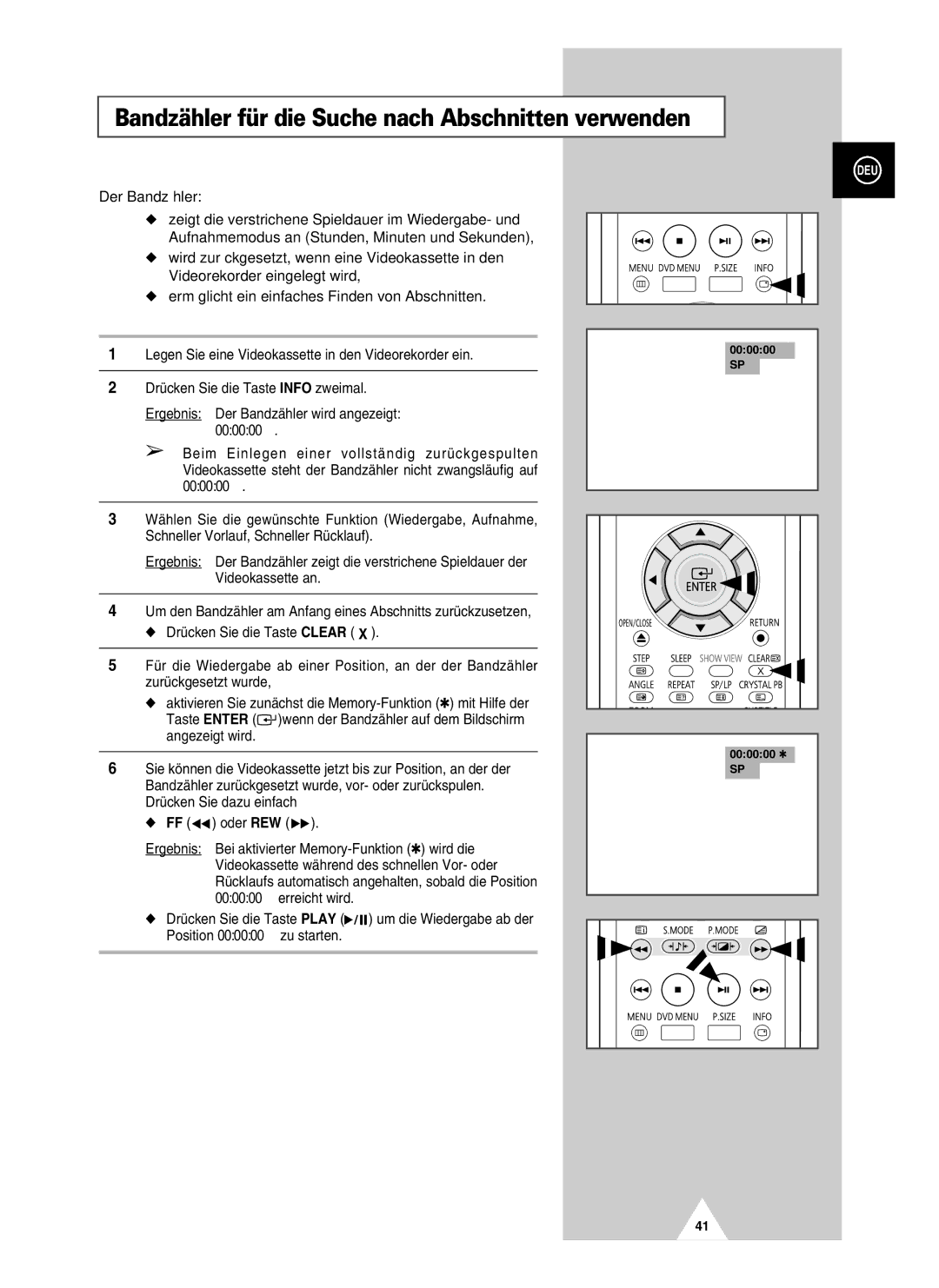 Samsung UW21J10VD5XXEG, UW28J10VD5XXEG manual Bandzähler für die Suche nach Abschnitten verwenden, Der Bandzähler, 000000 