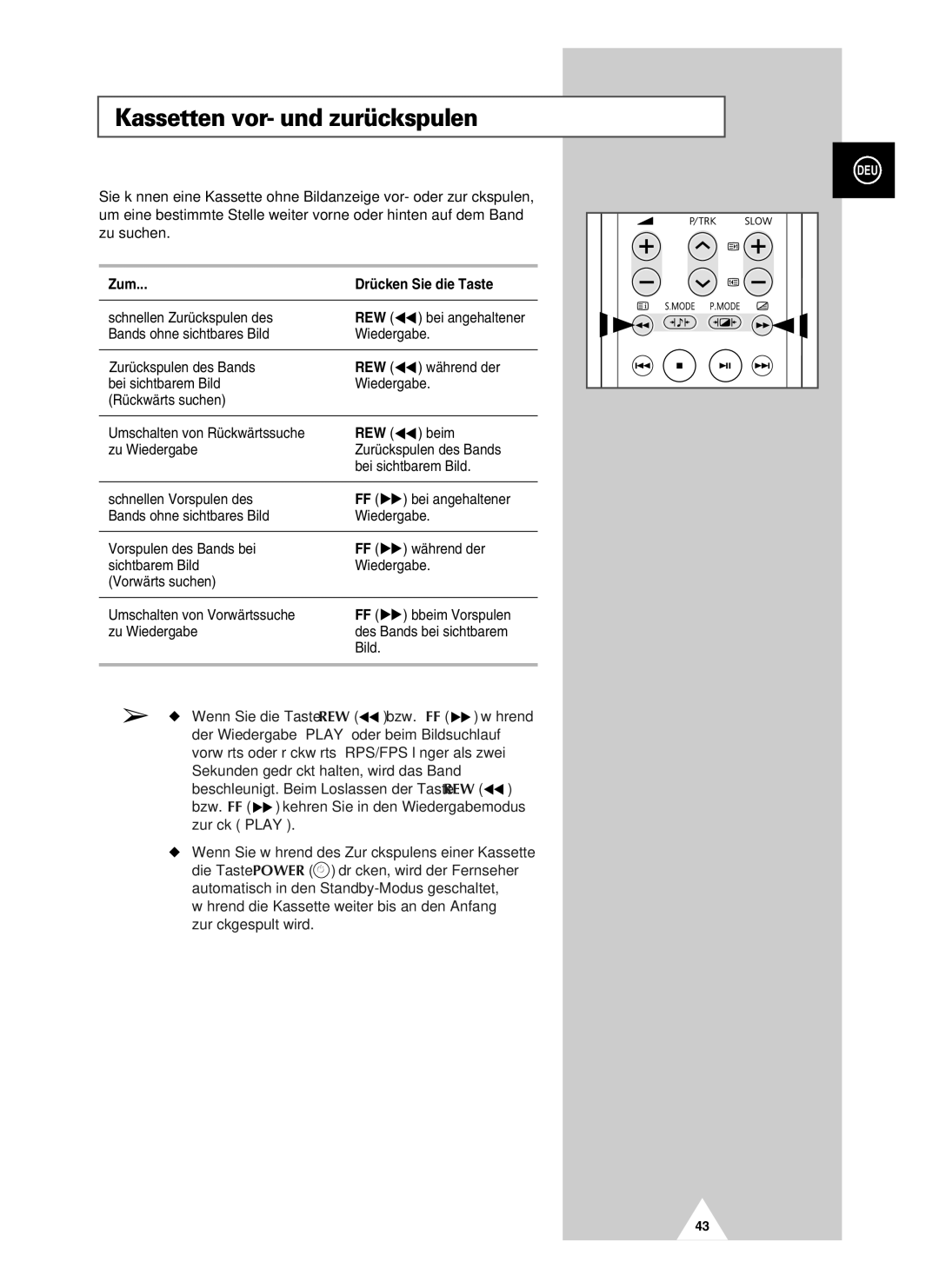 Samsung UW28J10VD5XXEC, UW28J10VD5XXEG, UW21J10VD5XXEG manual Kassetten vor- und zurückspulen, Zum Drücken Sie die Taste, Rew 