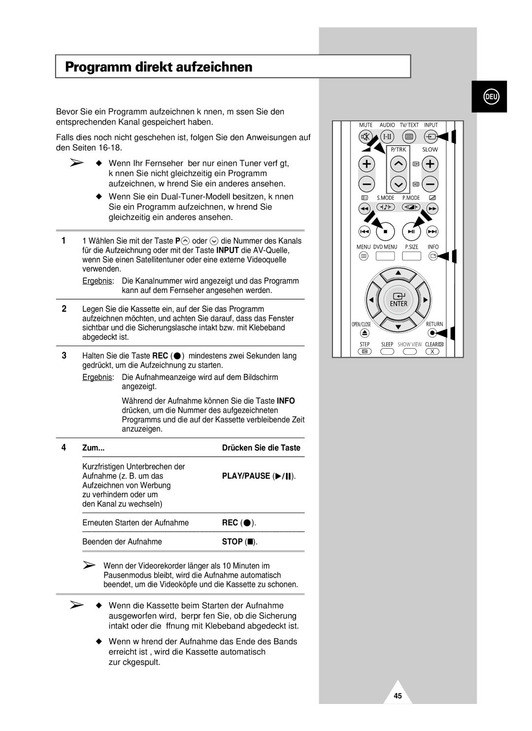 Samsung UW21J10VD5XXEG, UW28J10VD5XXEG, UW21J10VD5XXEC, UW28J10VD5XXEC manual Programm direkt aufzeichnen, Zum, Rec, Stop 