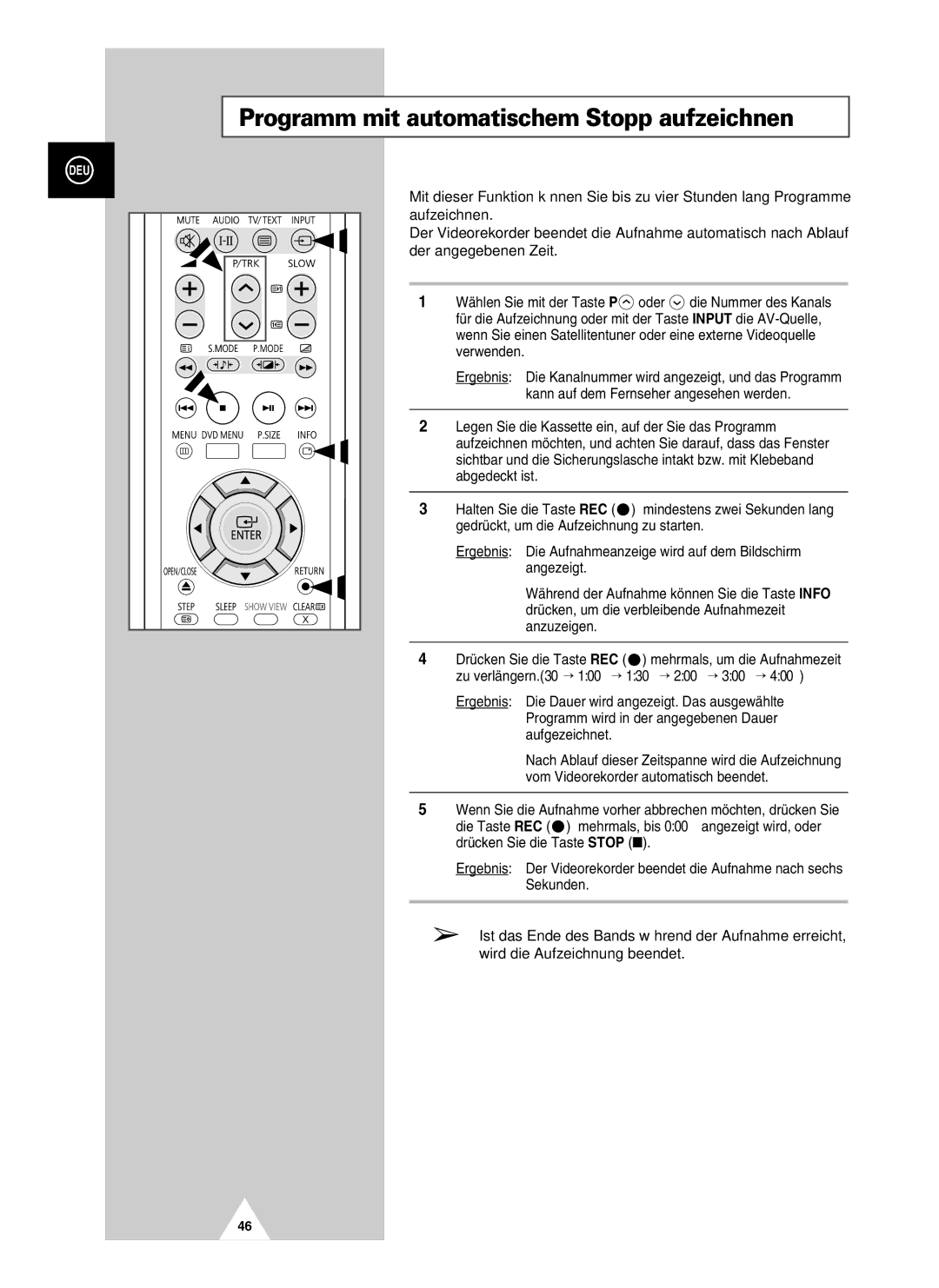 Samsung UW21J10VD5XXEC, UW28J10VD5XXEG, UW21J10VD5XXEG, UW28J10VD5XXEC manual Programm mit automatischem Stopp aufzeichnen 