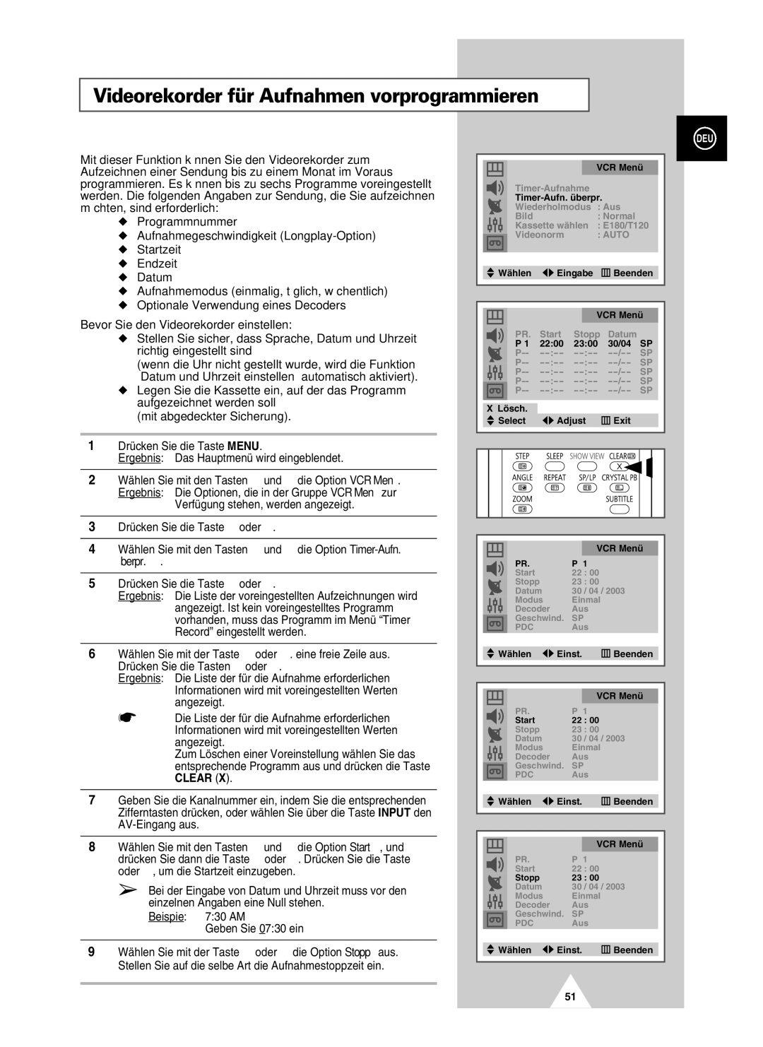 Samsung UW28J10VD5XXEC, UW28J10VD5XXEG, UW21J10VD5XXEG, UW21J10VD5XXEC manual Videorekorder für Aufnahmen vorprogrammieren 