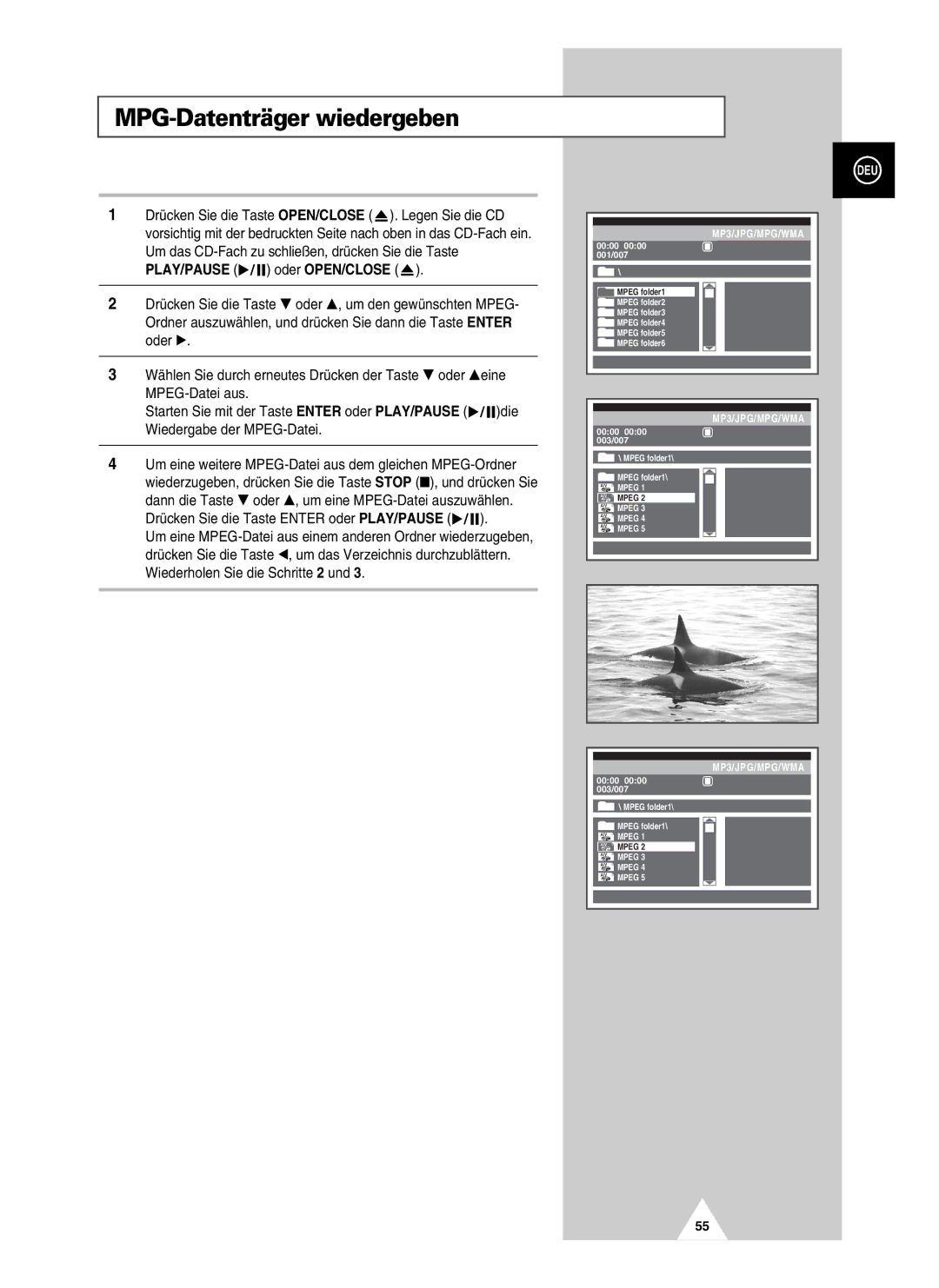 Samsung UW28J10VD5XXEC, UW28J10VD5XXEG, UW21J10VD5XXEG, UW21J10VD5XXEC manual MPG-Datenträger wiedergeben 