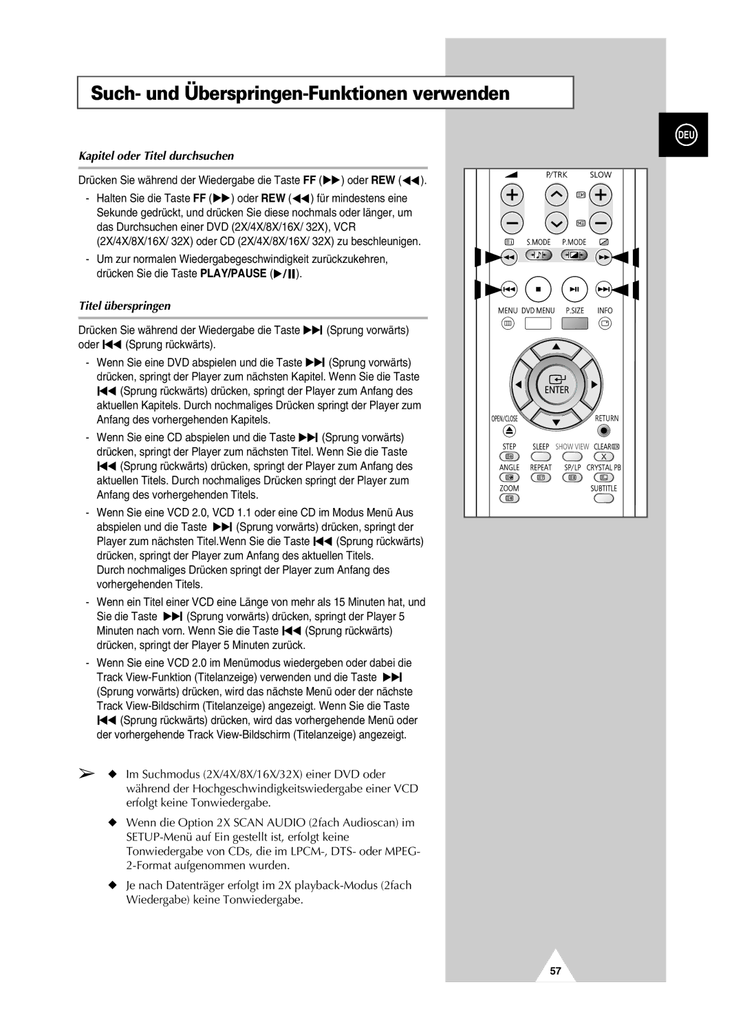 Samsung UW21J10VD5XXEG Such- und Überspringen-Funktionen verwenden, Kapitel oder Titel durchsuchen, Titel überspringen 