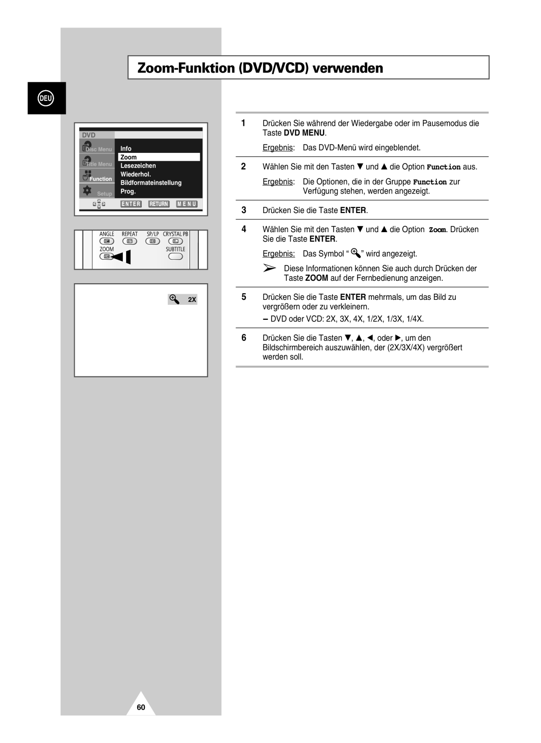 Samsung UW28J10VD5XXEG, UW21J10VD5XXEG, UW21J10VD5XXEC, UW28J10VD5XXEC manual Zoom-Funktion DVD/VCD verwenden 