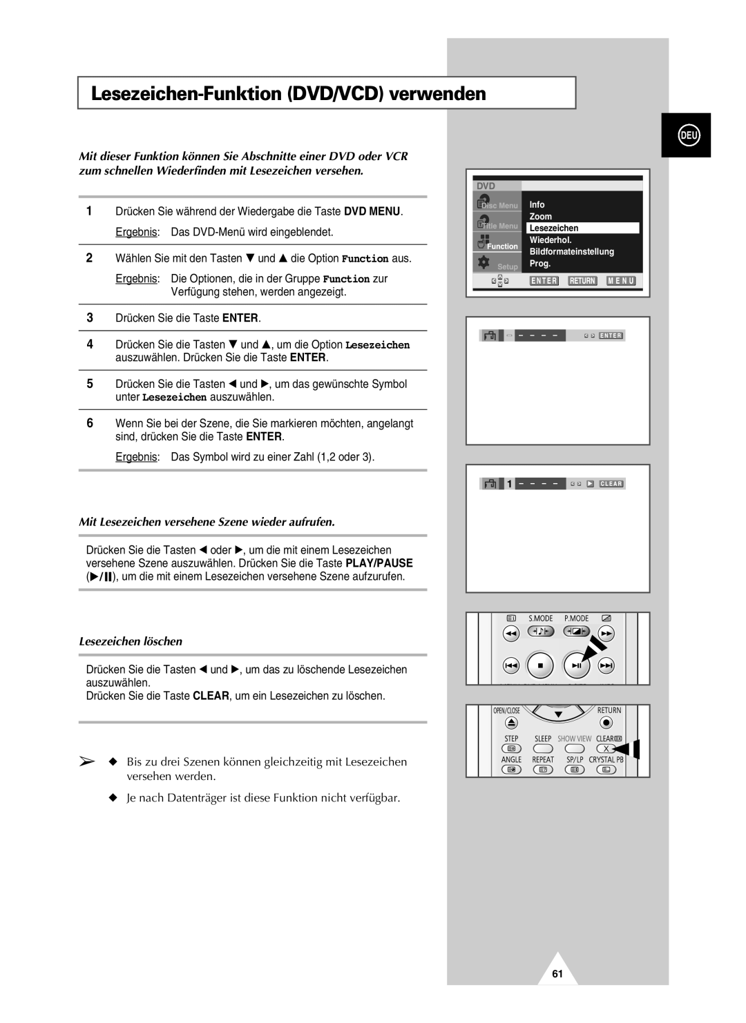 Samsung UW21J10VD5XXEG manual Lesezeichen-Funktion DVD/VCD verwenden, Mit Lesezeichen versehene Szene wieder aufrufen 