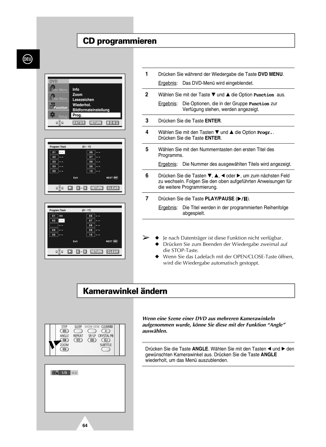 Samsung UW28J10VD5XXEG, UW21J10VD5XXEG, UW21J10VD5XXEC, UW28J10VD5XXEC manual CD programmieren, Kamerawinkel ändern 