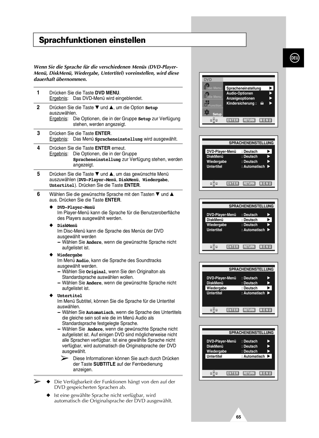 Samsung UW21J10VD5XXEG, UW28J10VD5XXEG manual Sprachfunktionen einstellen, DVD-Player-Menü, DiskMenü, Wiedergabe, Untertitel 