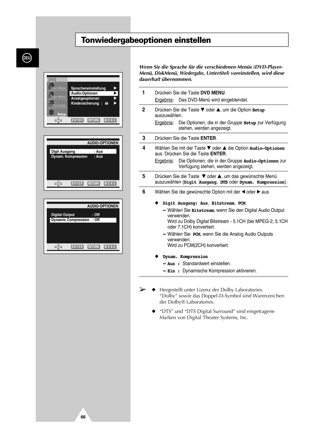 Samsung UW21J10VD5XXEC manual Tonwiedergabeoptionen einstellen, Wählen Sie die gewünschte Option mit der œ oder √ aus 