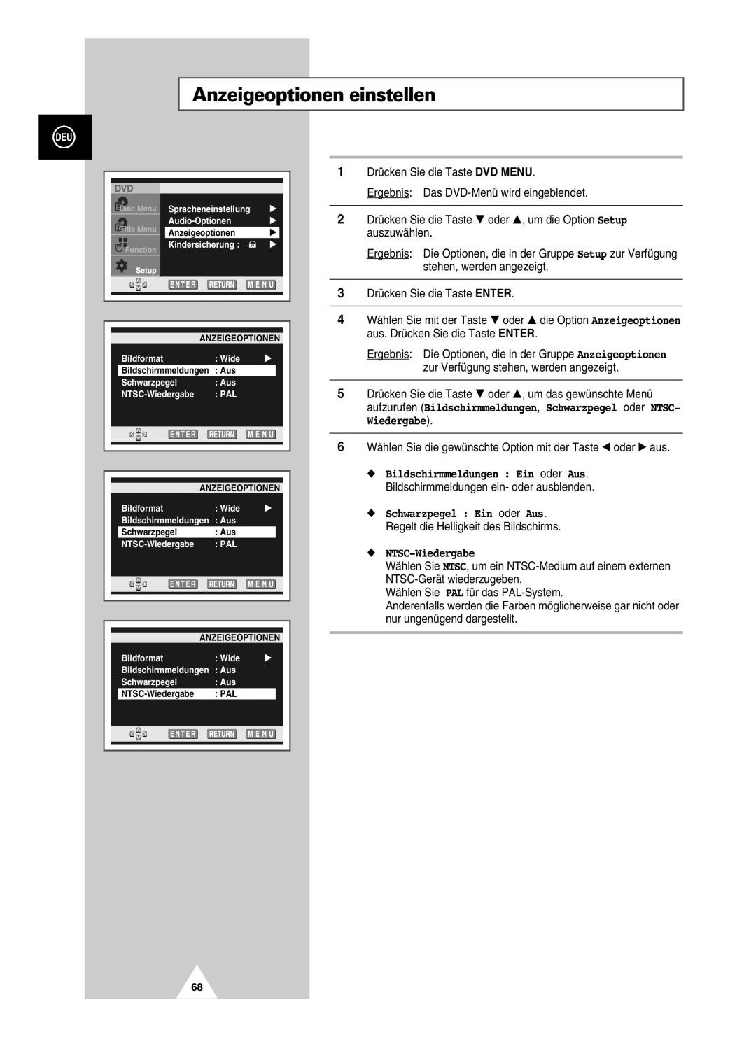 Samsung UW28J10VD5XXEG, UW21J10VD5XXEG, UW21J10VD5XXEC, UW28J10VD5XXEC manual Anzeigeoptionen einstellen, NTSC-Wiedergabe 