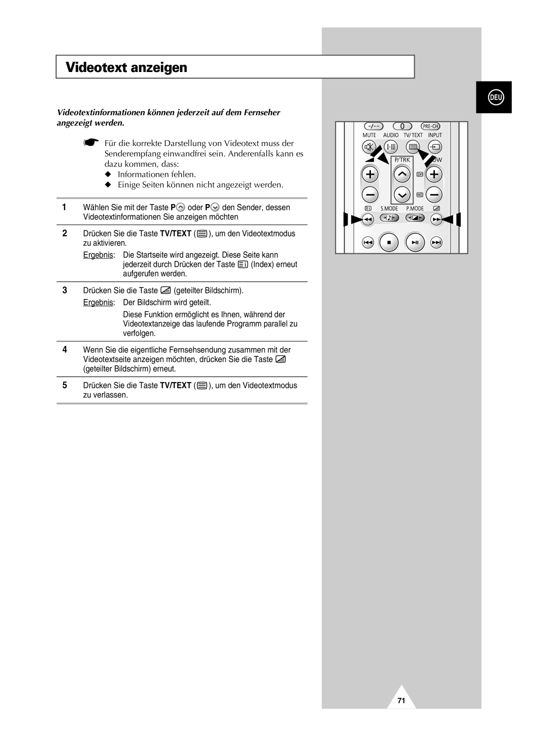 Samsung UW28J10VD5XXEC, UW28J10VD5XXEG, UW21J10VD5XXEG, UW21J10VD5XXEC manual Videotext anzeigen 