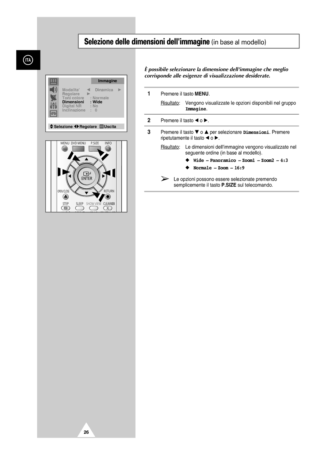 Samsung UW21J10VD5XXEC, UW28J10VD5XXEG, UW21J10VD5XXEG manual Selezione delle dimensioni dellimmagine in base al modello 