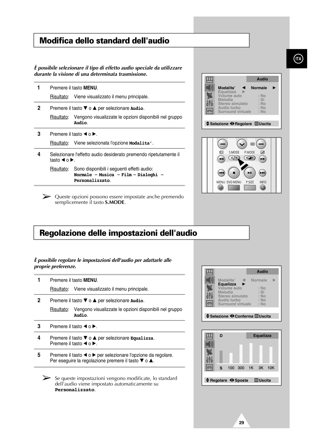 Samsung UW21J10VD5XXEG Modifica dello standard dellaudio, Regolazione delle impostazioni dellaudio, Audio, Personalizzato 