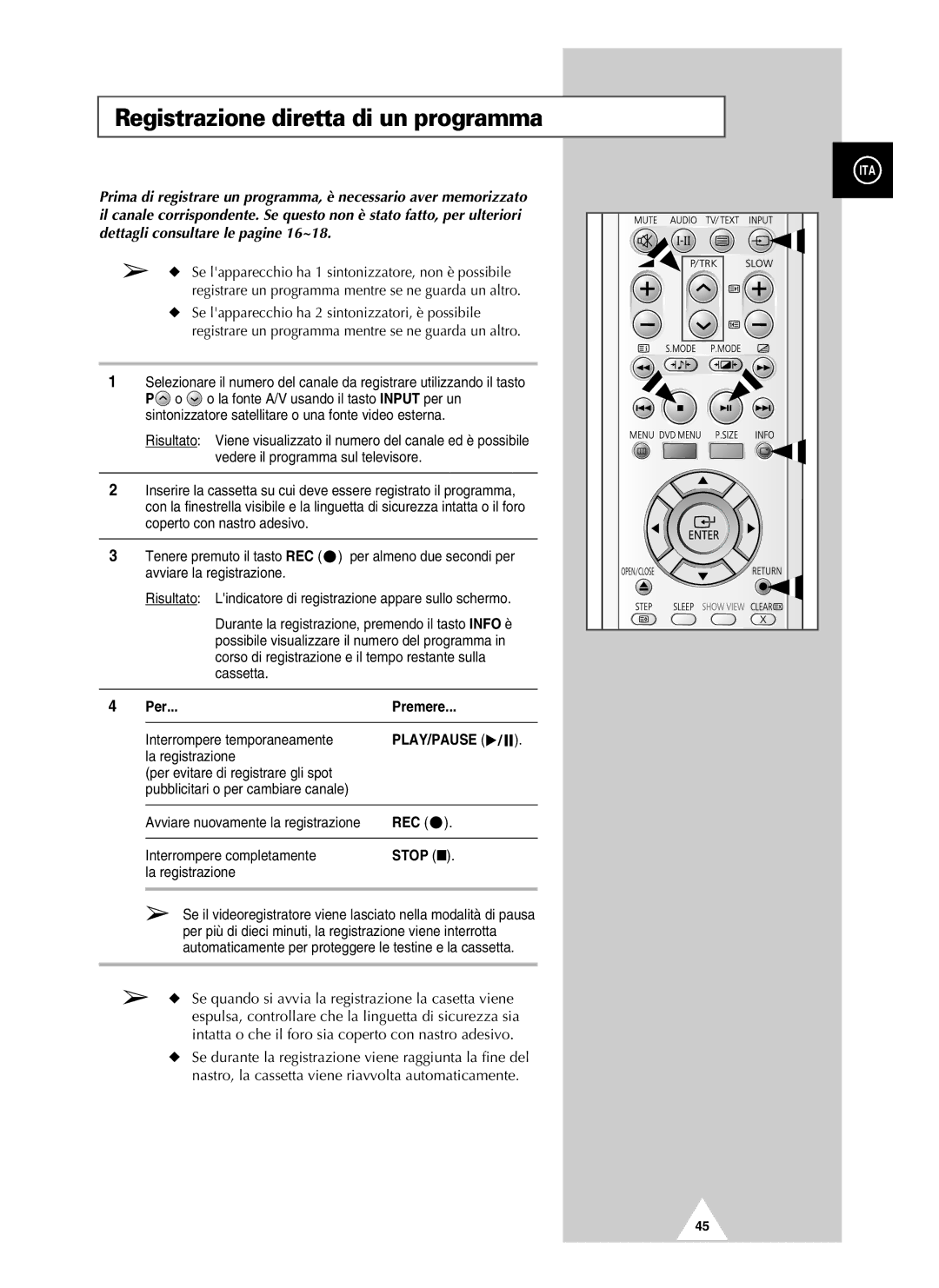 Samsung UW21J10VD5XXEG, UW28J10VD5XXEG, UW21J10VD5XXEC manual Registrazione diretta di un programma, Per Premere, Rec, Stop 