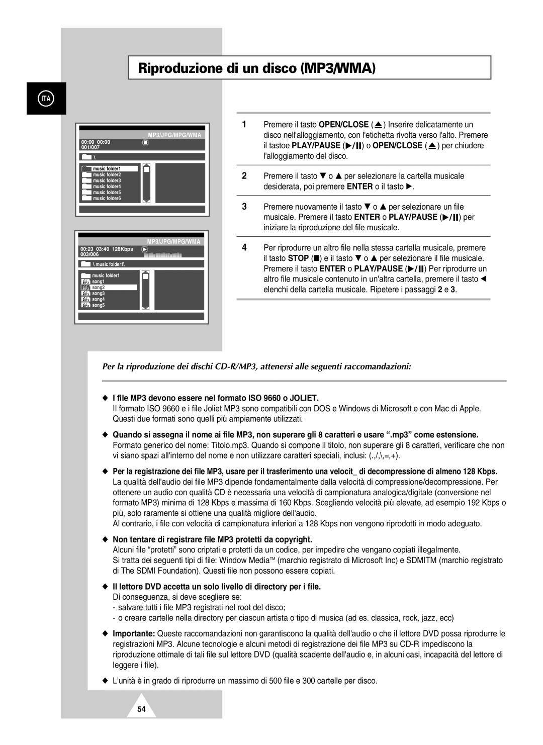 Samsung UW21J10VD5XXEC manual Riproduzione di un disco MP3/WMA, File MP3 devono essere nel formato ISO 9660 o Joliet 