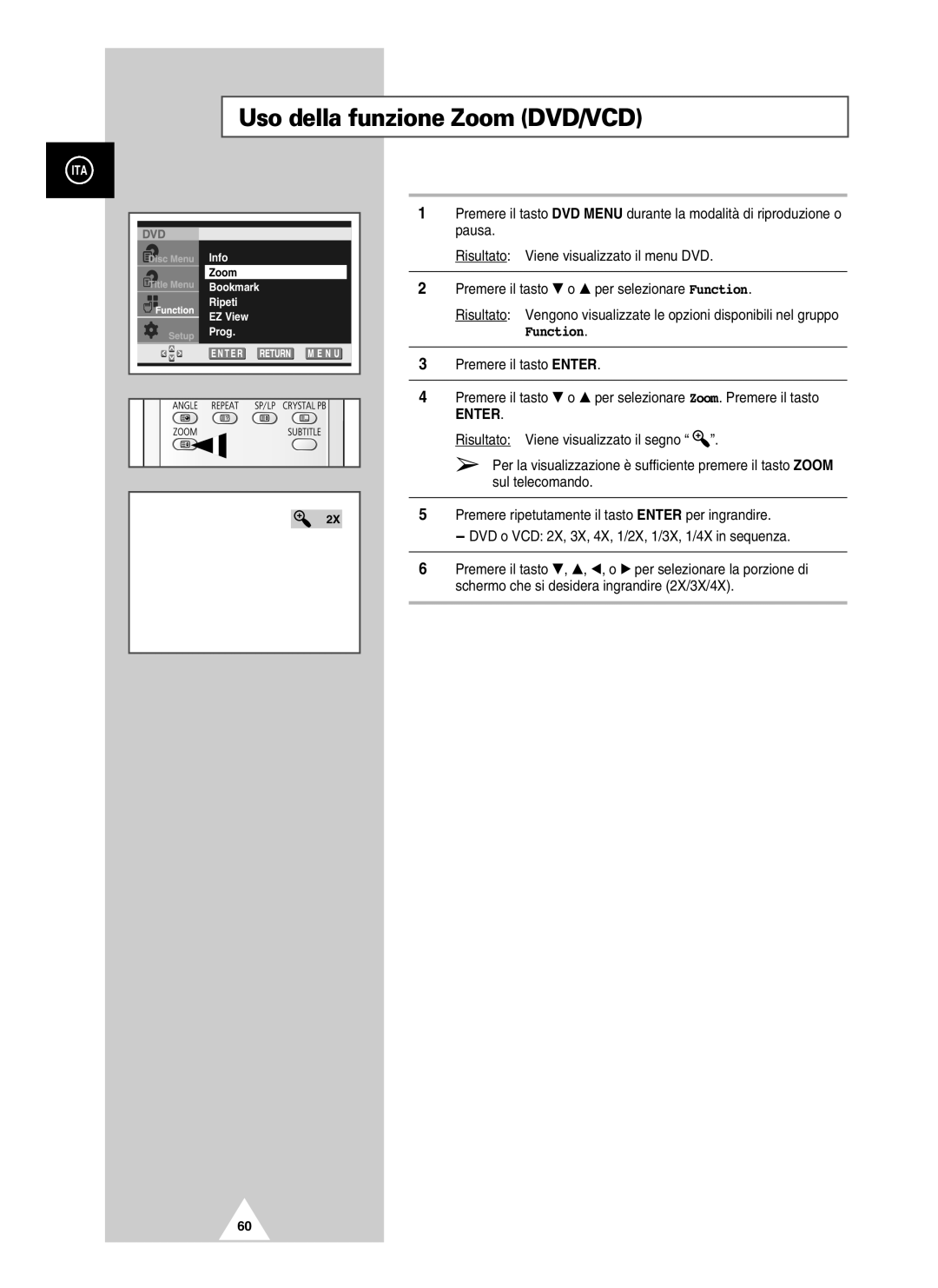 Samsung UW28J10VD5XXEG, UW21J10VD5XXEG, UW21J10VD5XXEC, UW28J10VD5XXEC manual Uso della funzione Zoom DVD/VCD, Enter 