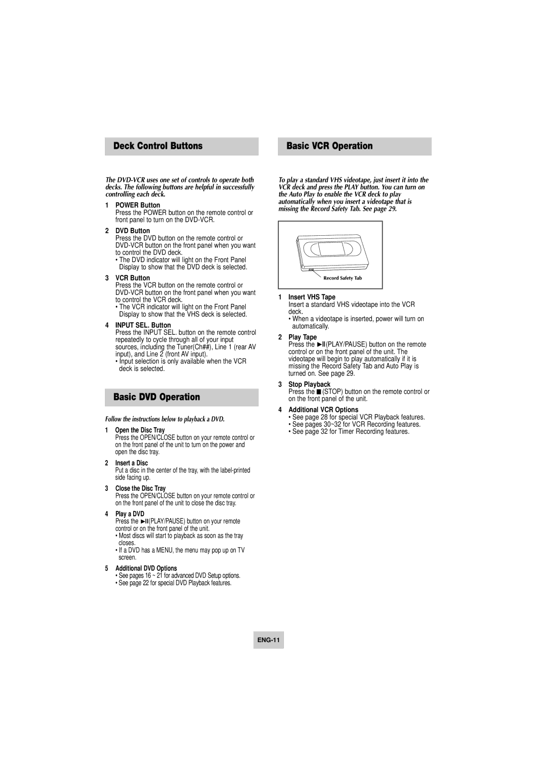 Samsung DVD-V4800 instruction manual Deck Control Buttons, Basic DVD Operation, Basic VCR Operation 