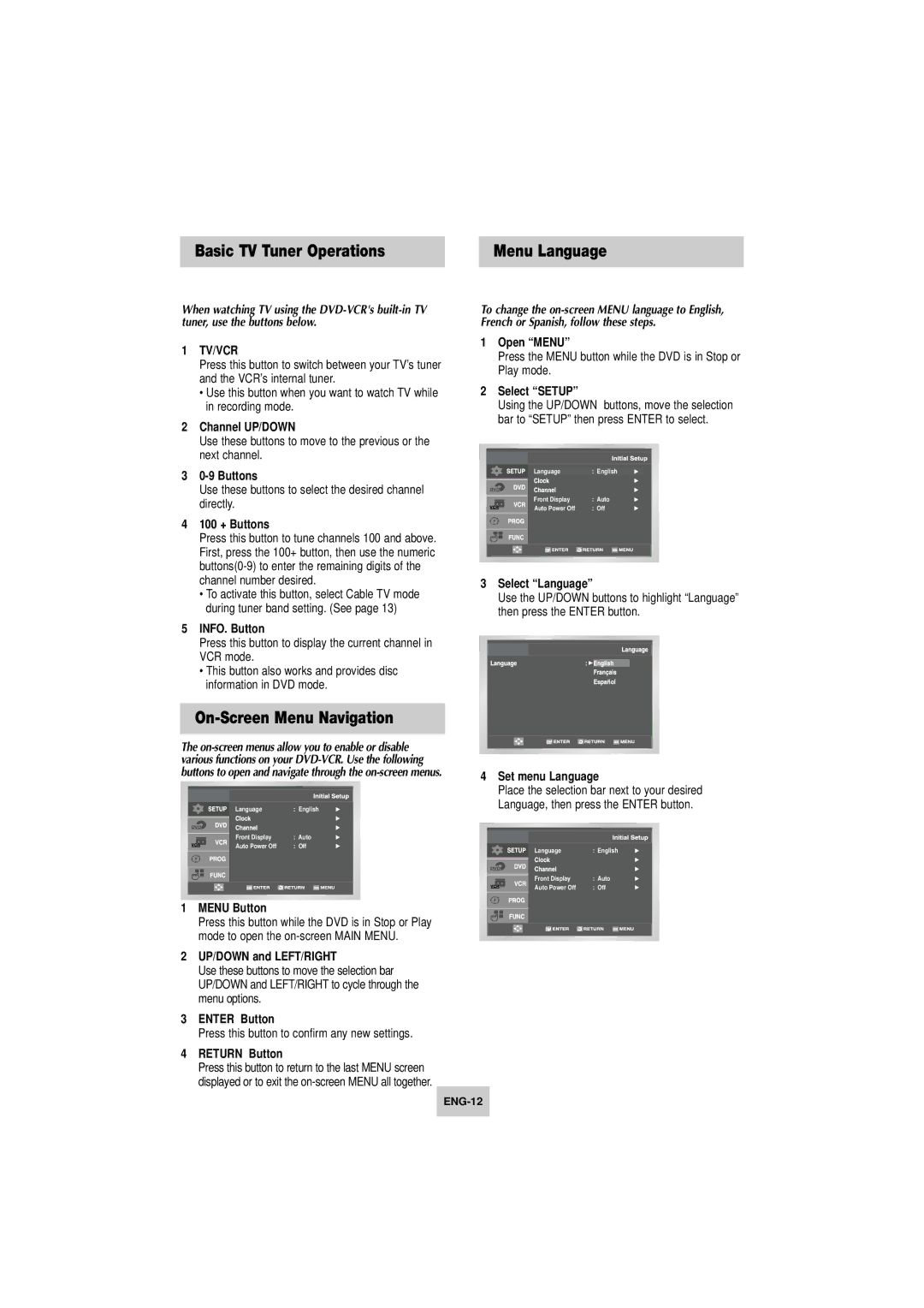 Samsung DVD-V4800 instruction manual Basic TV Tuner Operations, On-Screen Menu Navigation, Menu Language 