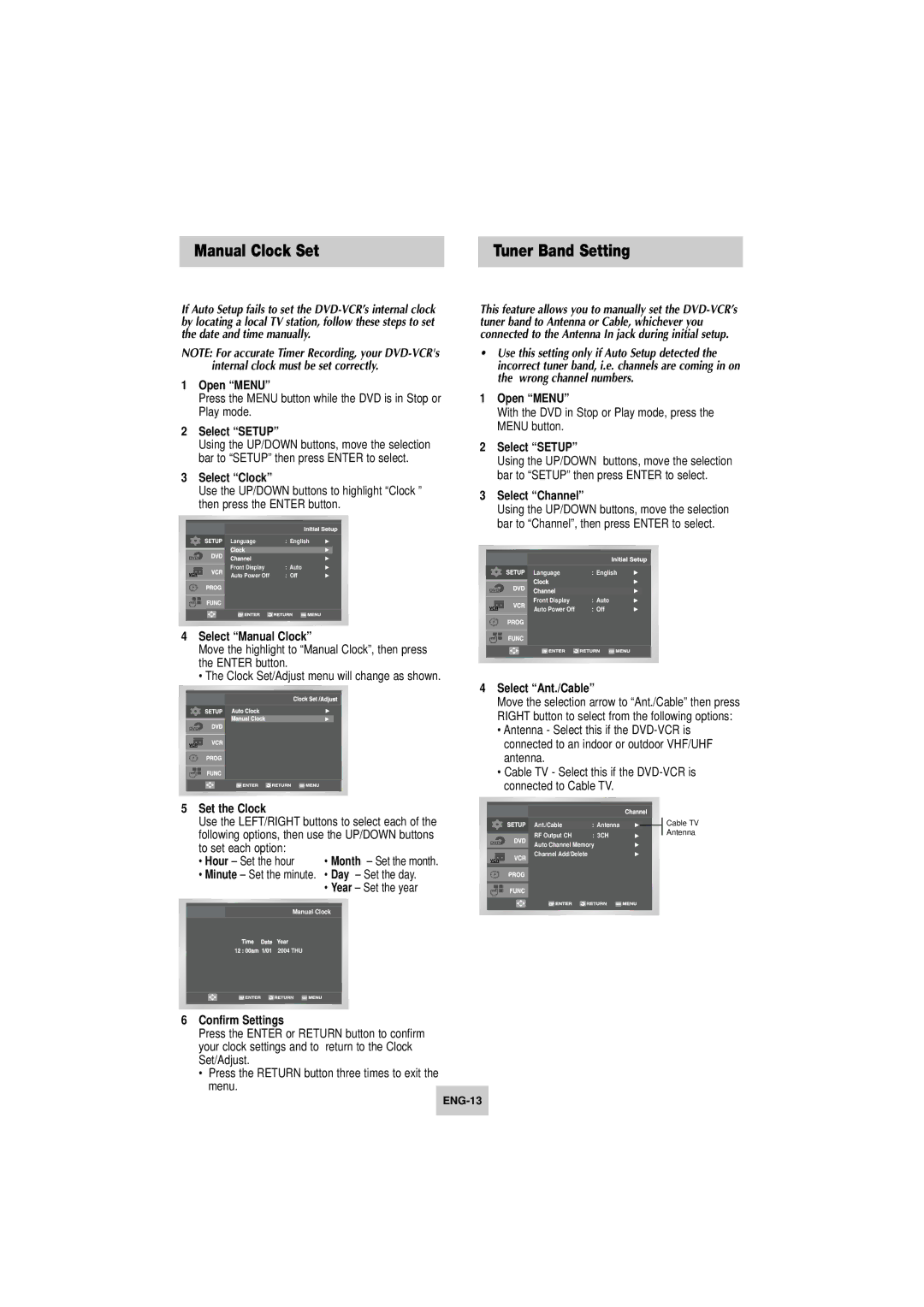 Samsung DVD-V4800 instruction manual Manual Clock Set, Tuner Band Setting 