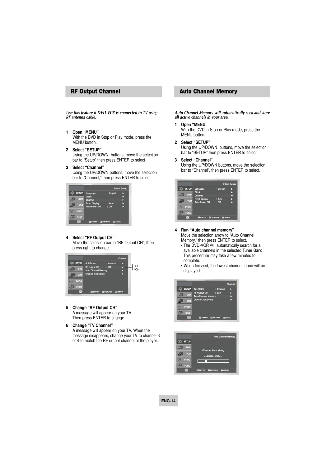 Samsung DVD-V4800 instruction manual RF Output Channel, Auto Channel Memory 