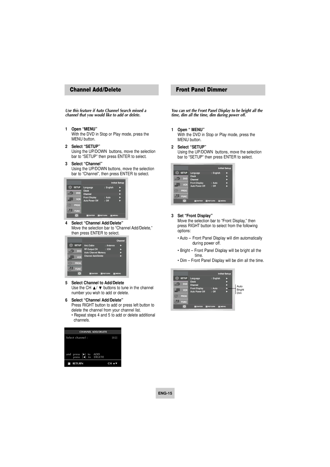 Samsung DVD-V4800 Front Panel Dimmer, Select Channel Add/Delete, Select Channel to Add/Delete, Set Front Display 