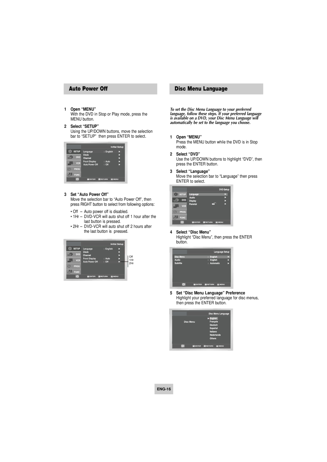 Samsung DVD-V4800 instruction manual Disc Menu Language, Set Auto Power Off, Select DVD, Select Disc Menu 