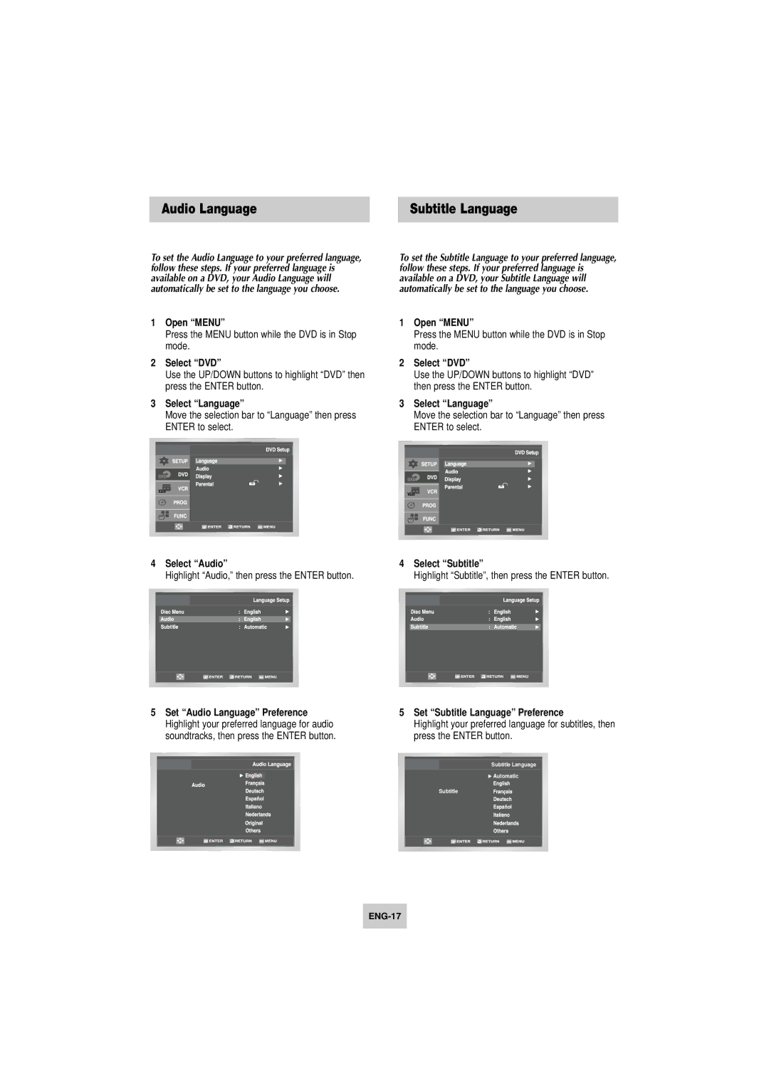 Samsung DVD-V4800 instruction manual Audio Language, Select Audio, Select Subtitle, Set Subtitle Language Preference 