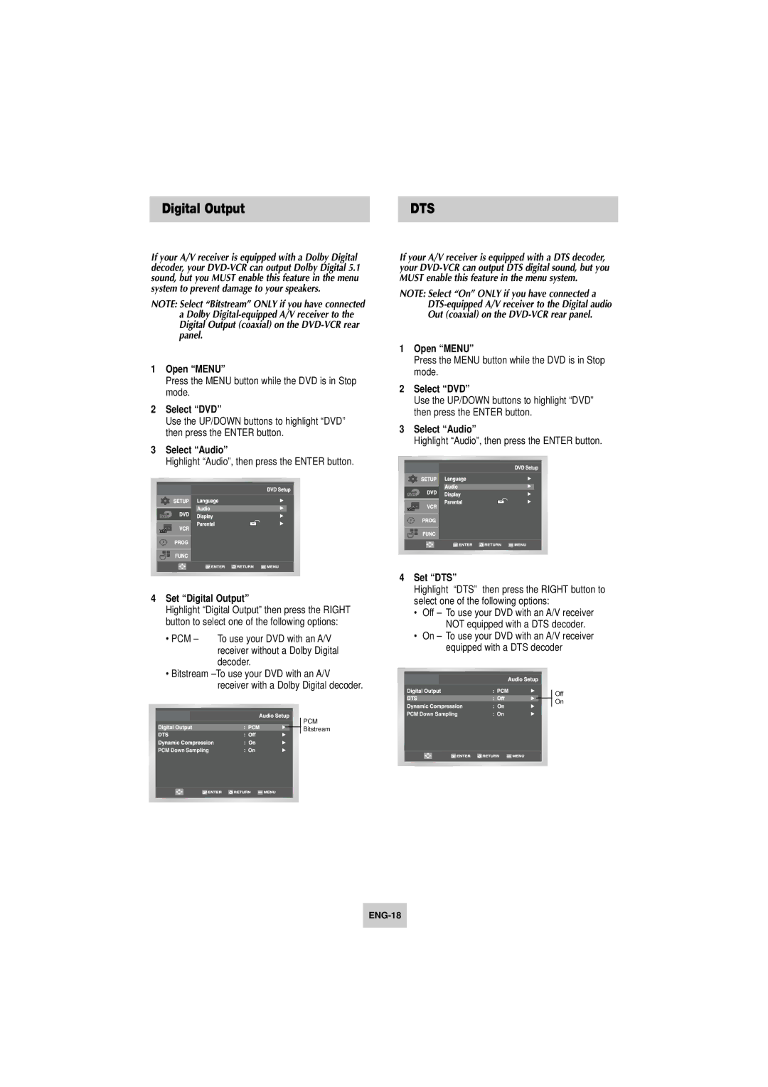 Samsung DVD-V4800 instruction manual Set Digital Output, Set DTS 