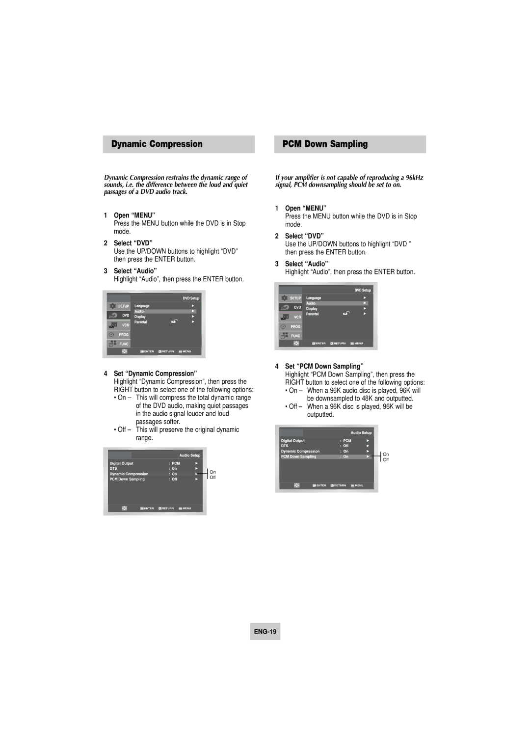 Samsung DVD-V4800 instruction manual Set Dynamic Compression, Set PCM Down Sampling 