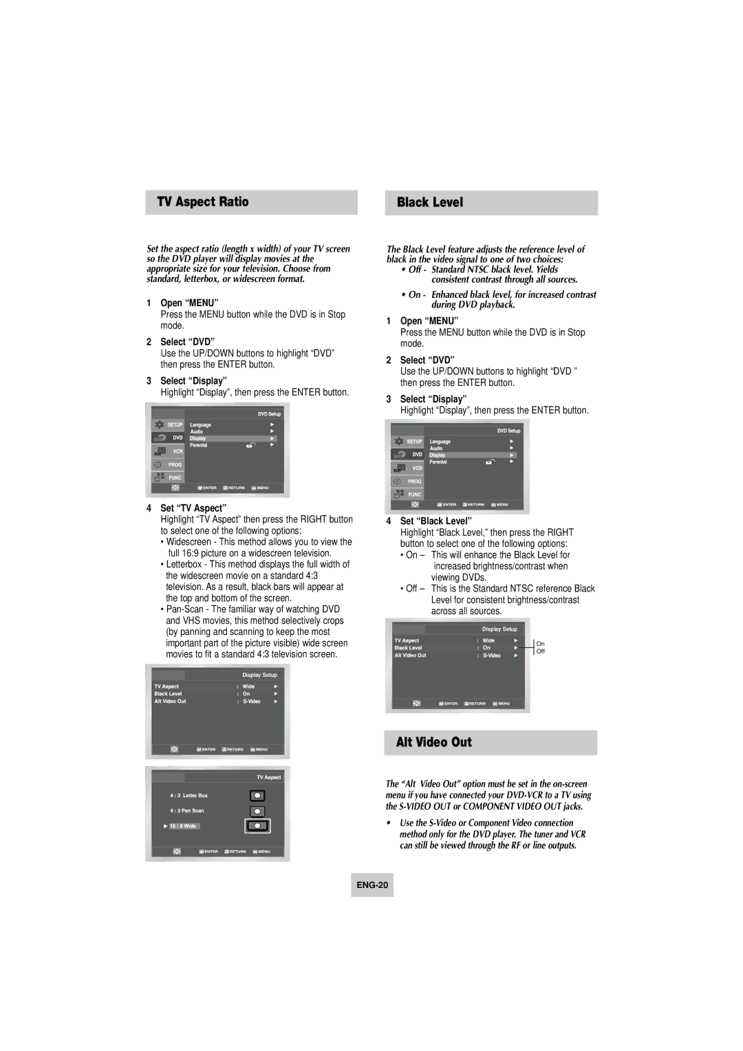 Samsung DVD-V4800 instruction manual TV Aspect Ratio, Alt Video Out, Black Level 