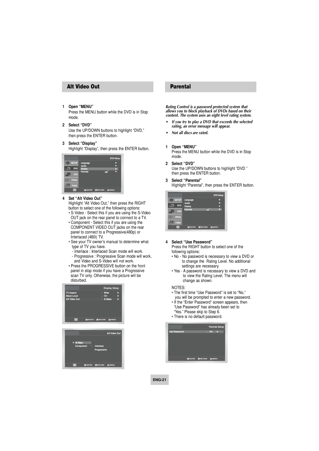 Samsung DVD-V4800 instruction manual Set Alt Video Out, Not all discs are rated, Select Parental, Select Use Password 