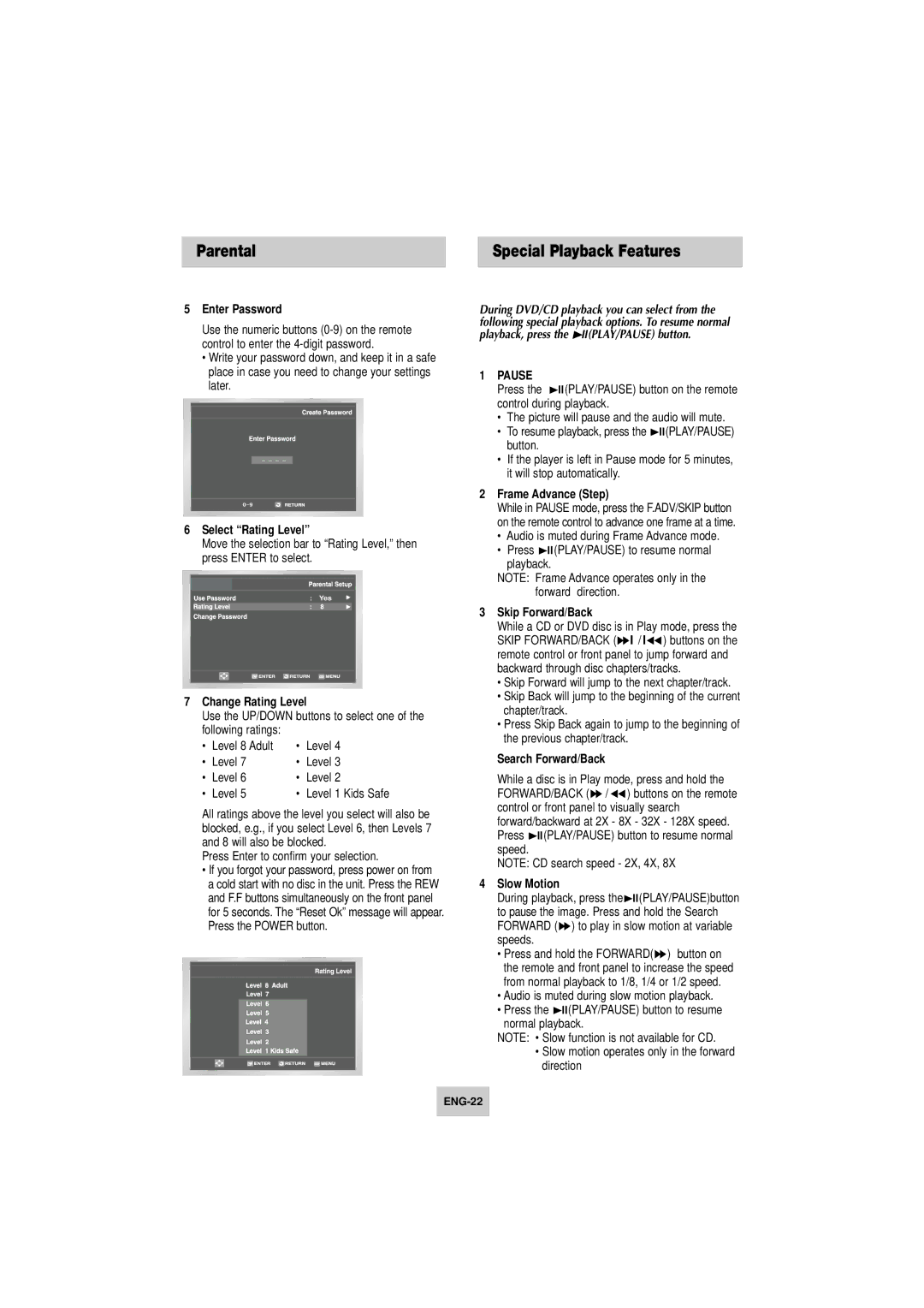 Samsung DVD-V4800 instruction manual Parental, Special Playback Features 