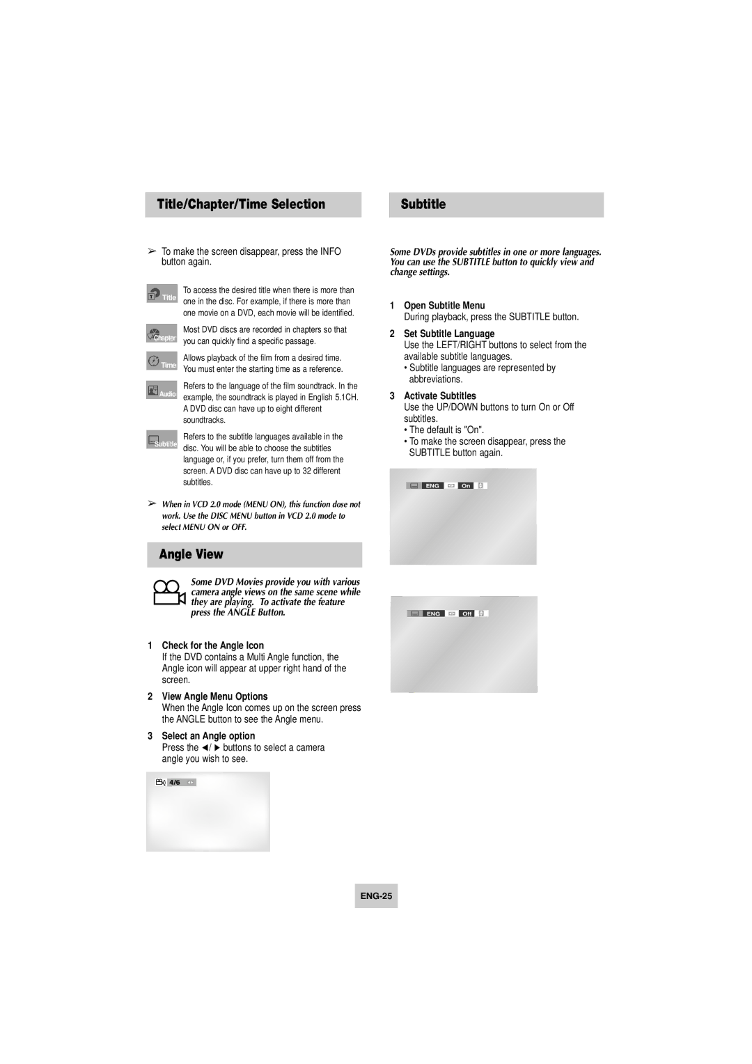 Samsung DVD-V4800 instruction manual Title/Chapter/Time Selection, Angle View, Subtitle 